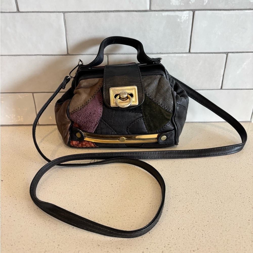 Vintage 80s 90s Small Patchwork Leather Clutch Bag Handbag Mini Soft Boho Hobo